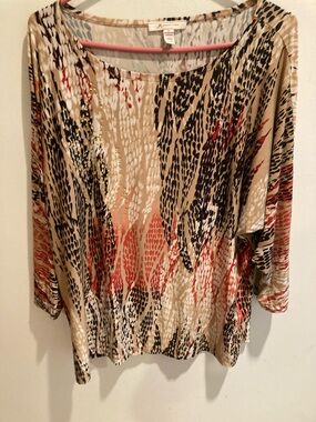 JM Collection Beige Scoop-Neck Blouse with Black, White & Coral Abstract Print